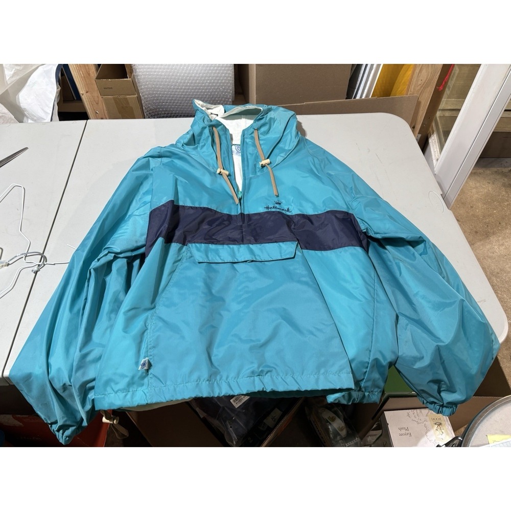 Charles River Men L Sail Anorak Lined Jacket Blue Hood 1/2 Zip Kangaroo Hallmark